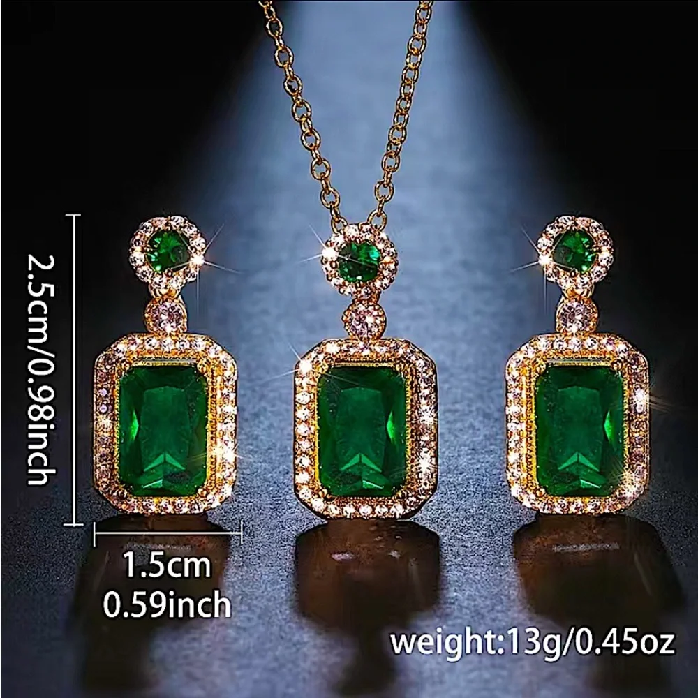 Emerald Gold Plated Zircon Charm Pendant Necklace Matching Earrings Set